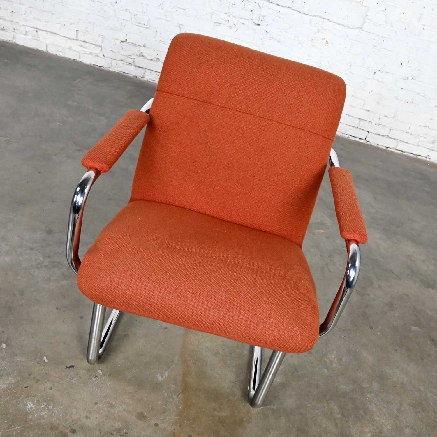 Vintage All Steel Inc. Modern Armchair Original Orange Hopsacking & Chrome Frame