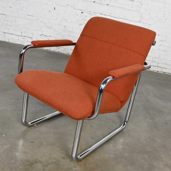 Vintage All Steel Inc. Modern Armchair Original Orange Hopsacking & Chrome Frame