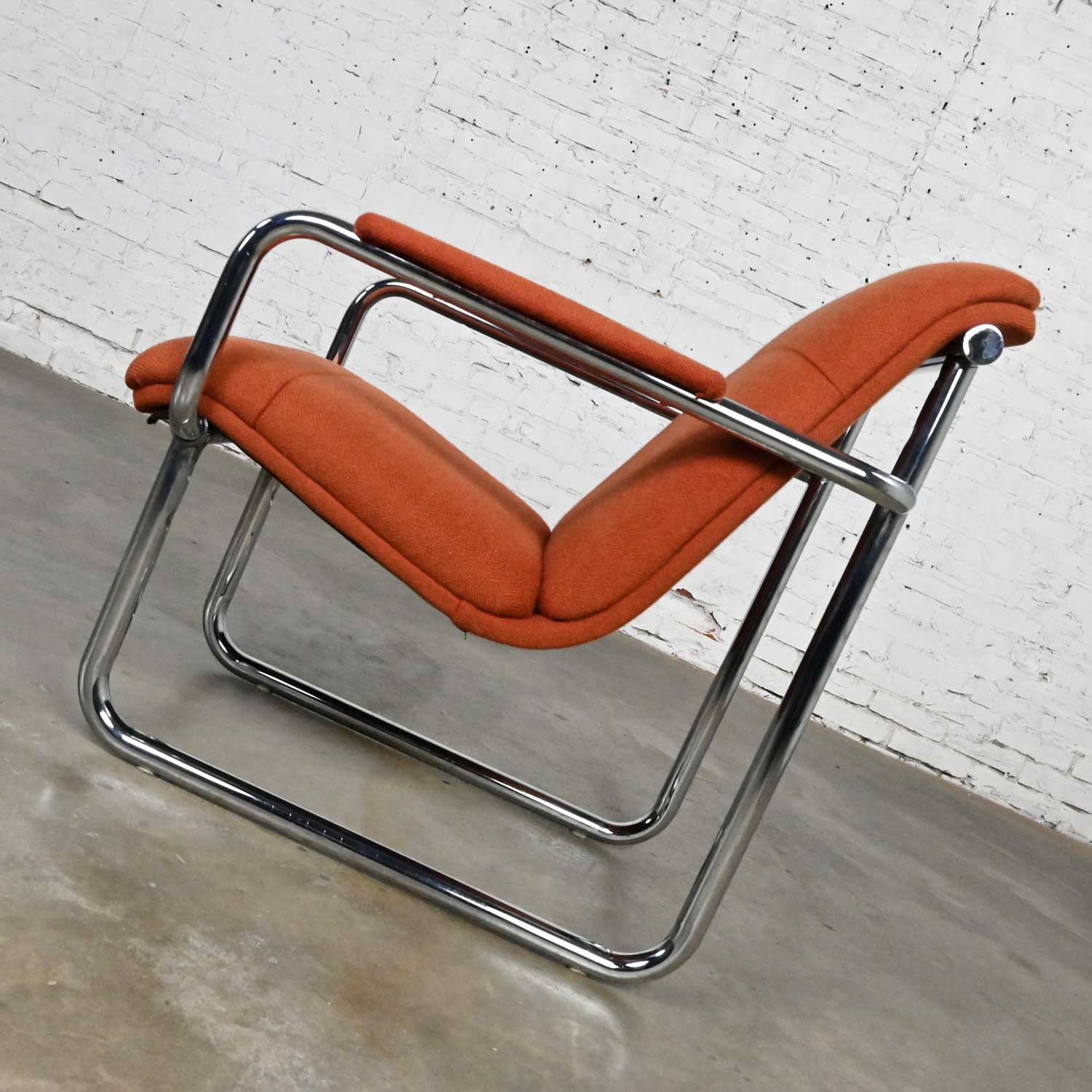 Vintage All Steel Inc. Modern Armchair Original Orange Hopsacking & Chrome Frame