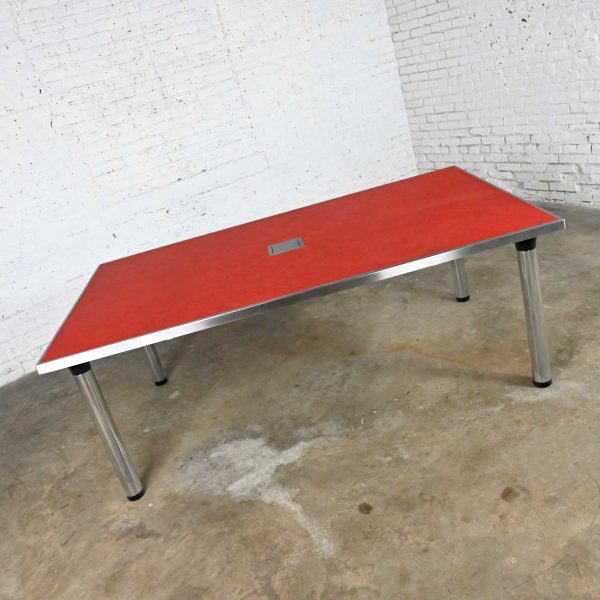 Vintage Modern Red Marmoleum & Chrome Powered Custom Made Work or Dining Table with Black Accents