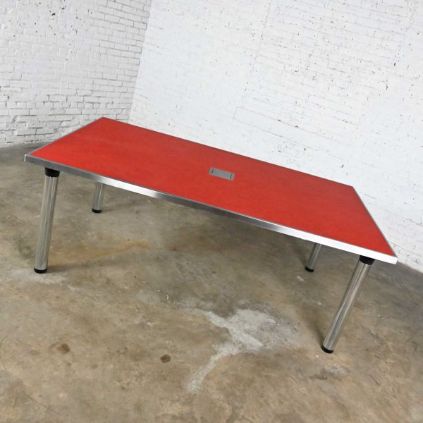 Vintage Modern Red Marmoleum & Chrome Powered Custom Made Work or Dining Table with Black Accents