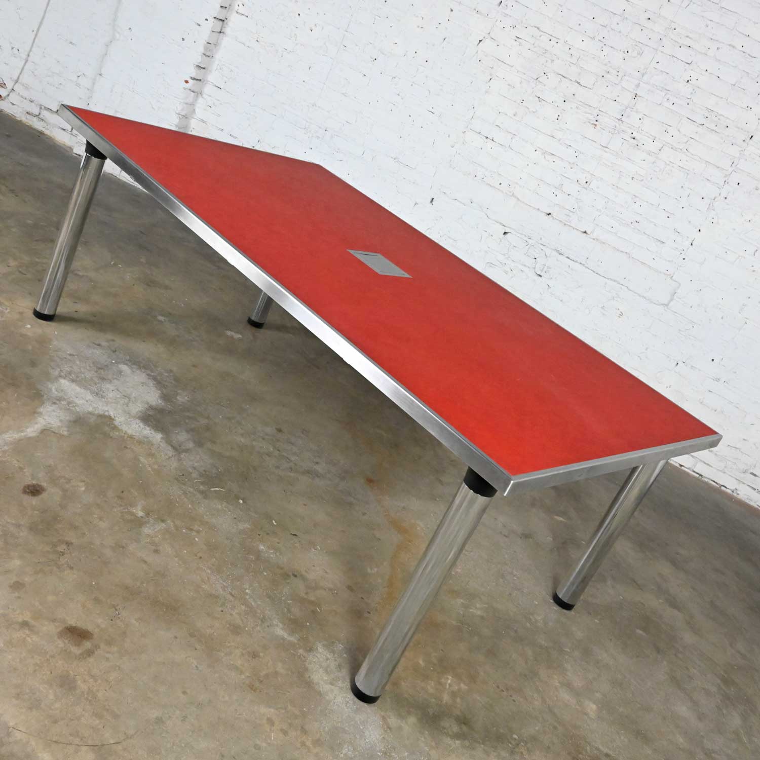 Vintage Modern Red Marmoleum & Chrome Powered Custom Made Work or Dining Table with Black Accents