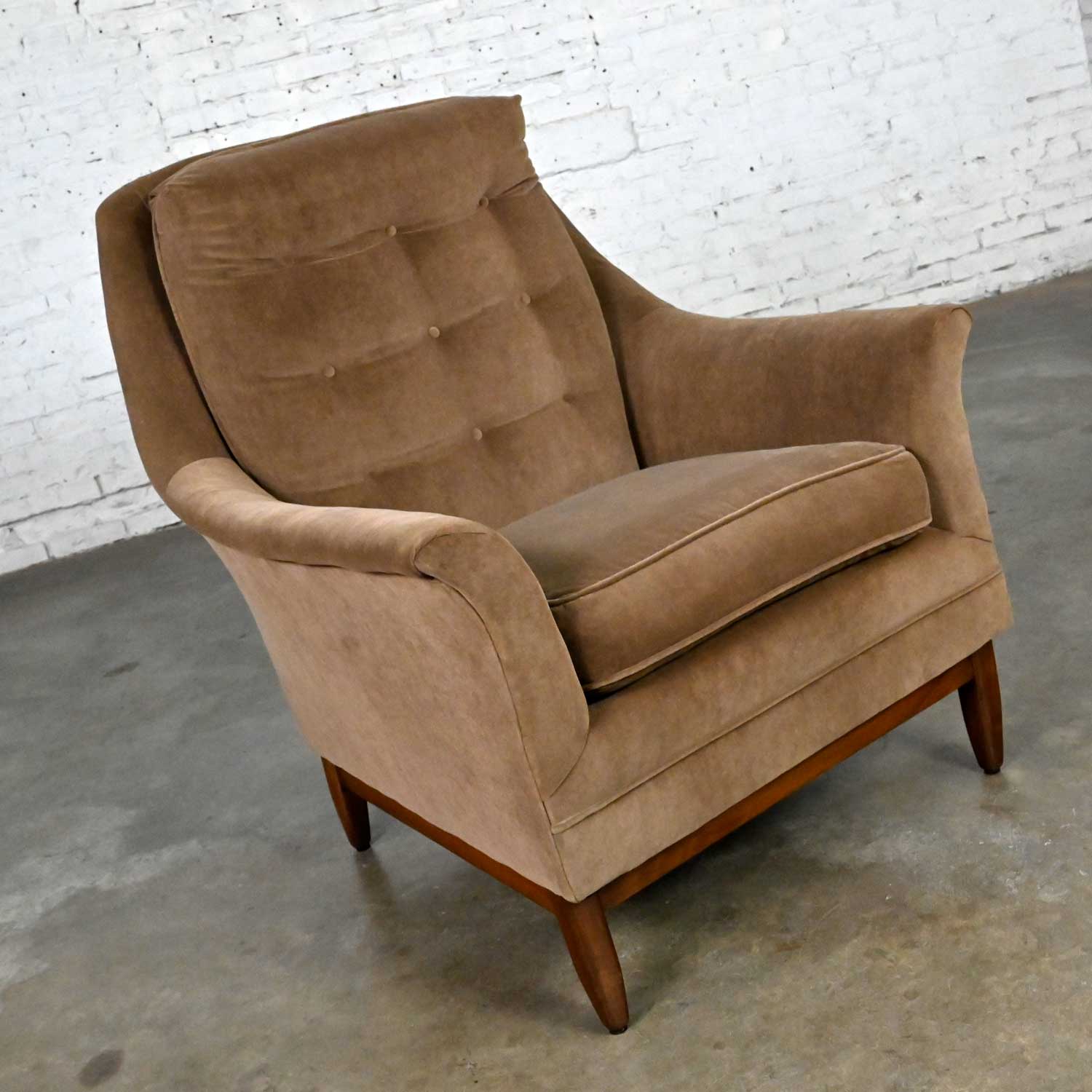 Vintage Mid Century Modern Mocha Colored Velvet Club Lounge Chair Style of Dunbar
