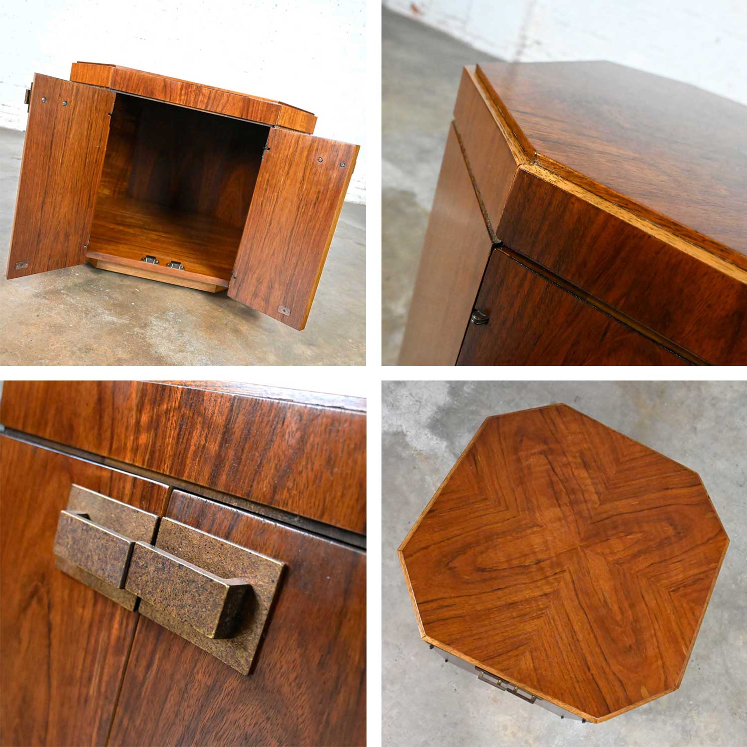 MCM to Modern Founders Furniture Octagon Commode End Table Cabinet Pattern 21 in Mozambique & Brass Hardware