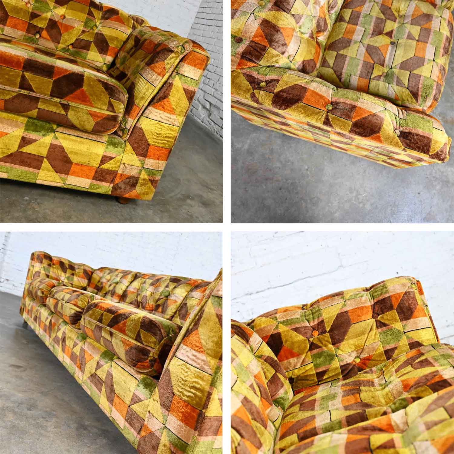 Vintage Modern Kroehler Multi Color Geometric Pattern Tufted Tuxedo Style Sofa