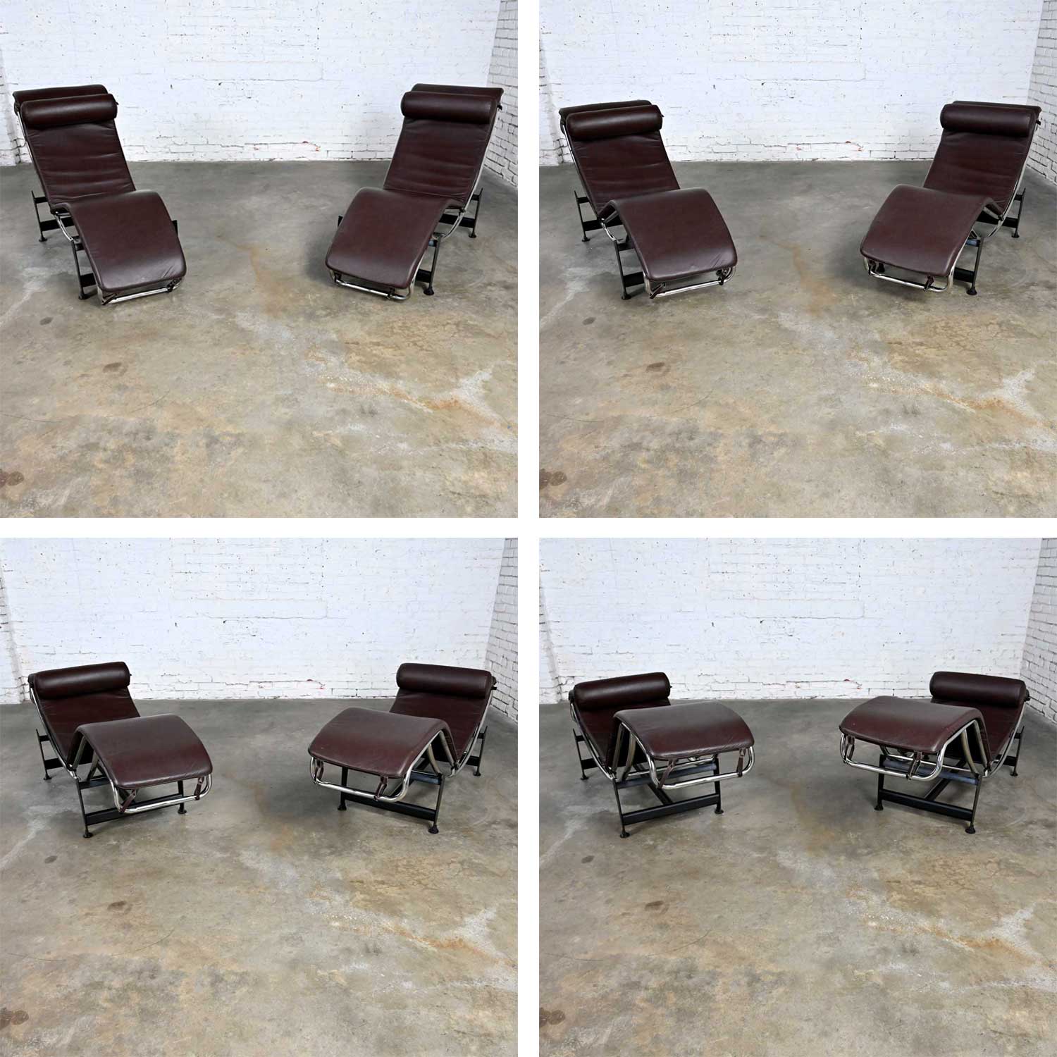 Pair Chaise Lounge Chairs Brown Leather & Chrome & Black Steel Bases Style of Le Corbusier LC4
