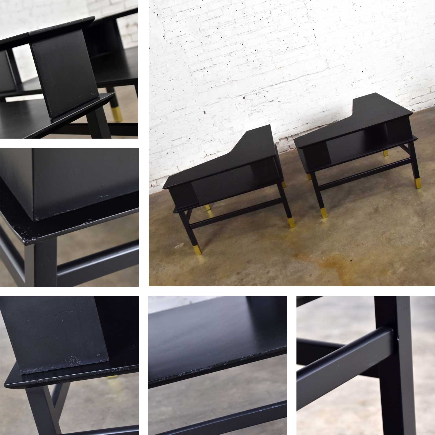 MCM Corner Step Tables a Pair Black with Brass Sabots from Coronado Group by Luther Draper for Founders Furniture