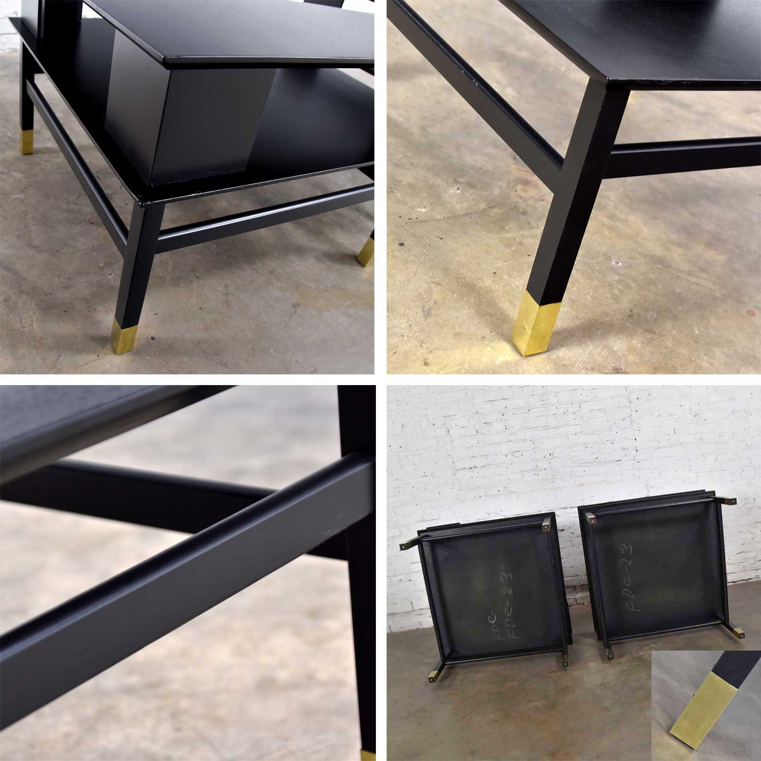 MCM Corner Step Tables a Pair Black with Brass Sabots from Coronado Group by Luther Draper for Founders Furniture
