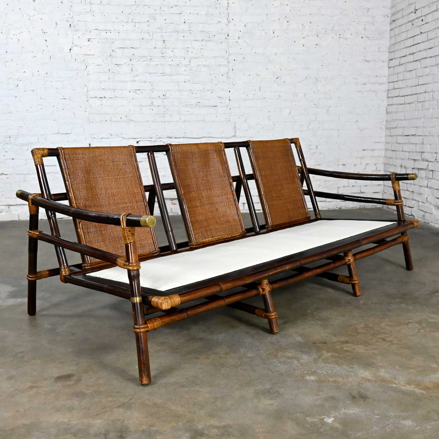 Vintage Rattan Campaign Style Ficks Reed Far Horizon Collection Sofa by John Wisner
