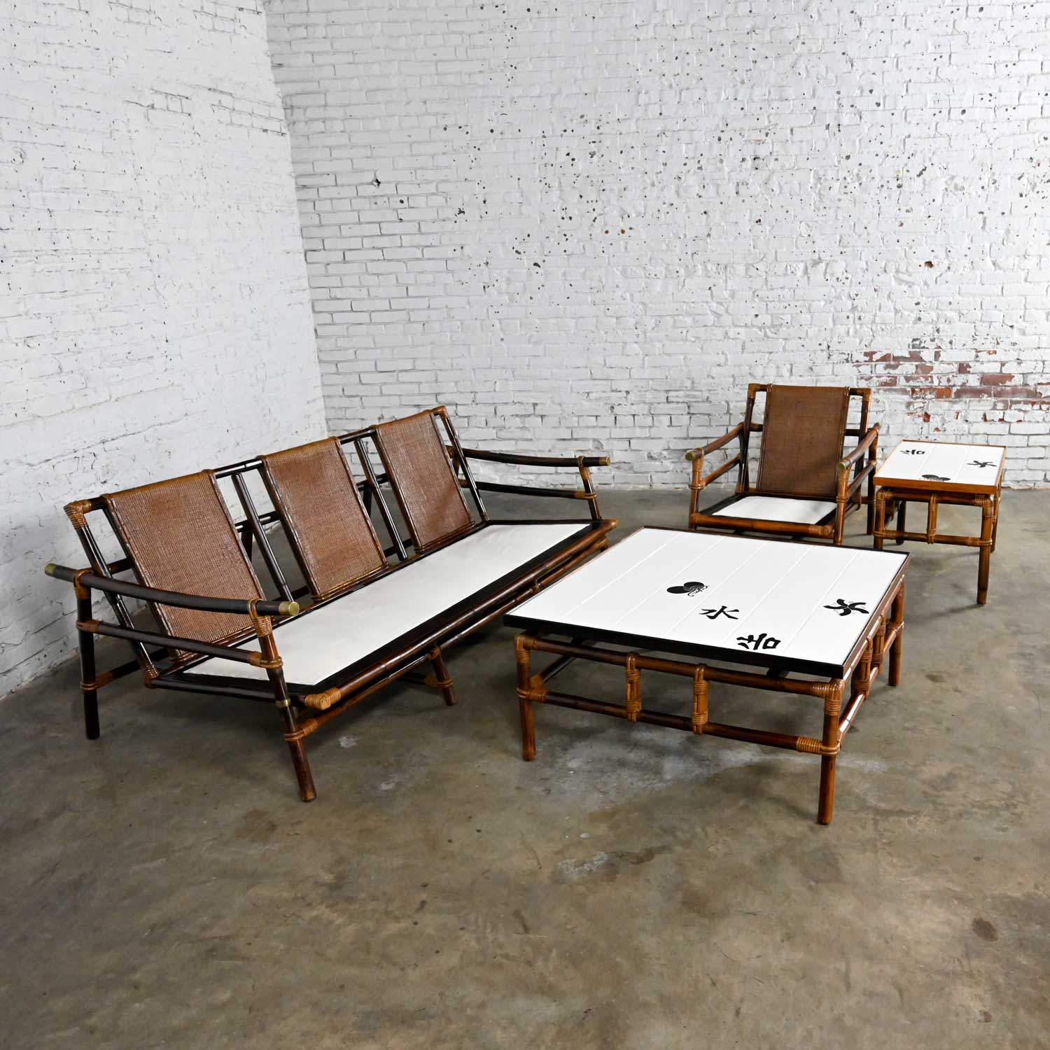 4 Piece Set Vintage Rattan Campaign Style Ficks Reed Far Horizons Collection Lounge Chair Sofa Coffee & End Table by John Wisner