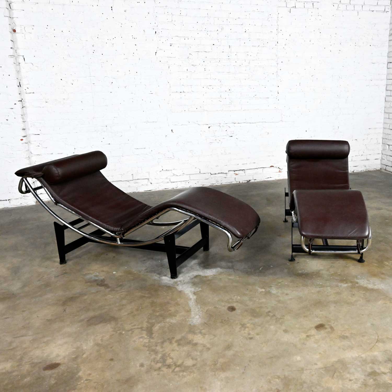 Pair Chaise Lounge Chairs Brown Leather & Chrome & Black Steel