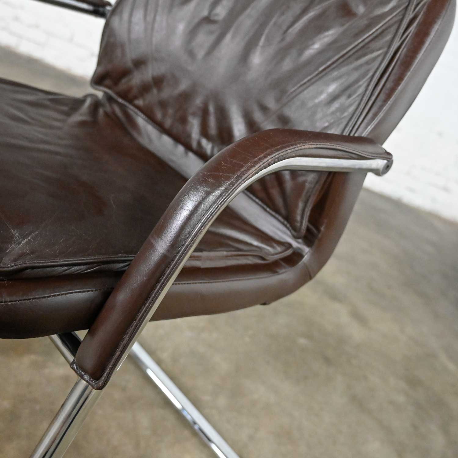 Vintage Modern Vecta Contract Brown Leather & Chrome Cantilever Pair of Chairs