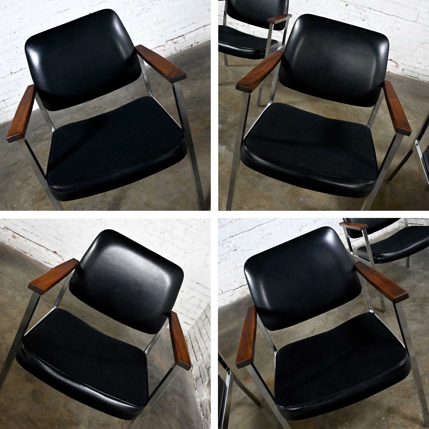 Mid Century Industrial Chrome & Black Vinyl Wood Arm Dining Office Chairs by Superior Chaircraft Set of 4