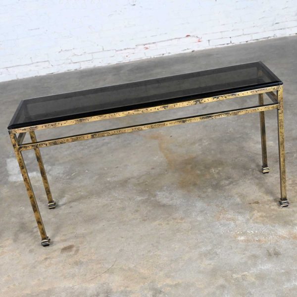 Modern Iron Console Sofa Table with Gold Hammered Look & Smoked & Beveled Glass Top