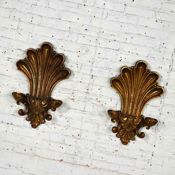 Vintage Gilded Syroco Hollywood Regency Double Candle Wall Sconces a Pair