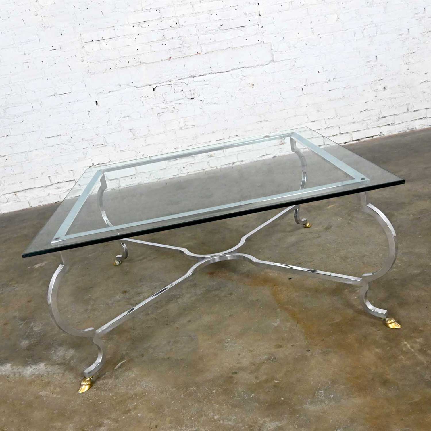 Vintage Hollywood Regency Square Glass Top Cocktail Table w/Polished Aluminum Base & Brass Hoof Feet Style of La Barge