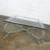 Vintage Hollywood Regency Square Glass Top Cocktail Table w/Polished Aluminum Base & Brass Hoof Feet Style of La Barge