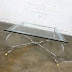 Vintage Hollywood Regency Square Glass Top Cocktail Table w/Polished Aluminum Base & Brass Hoof Feet Style of La Barge