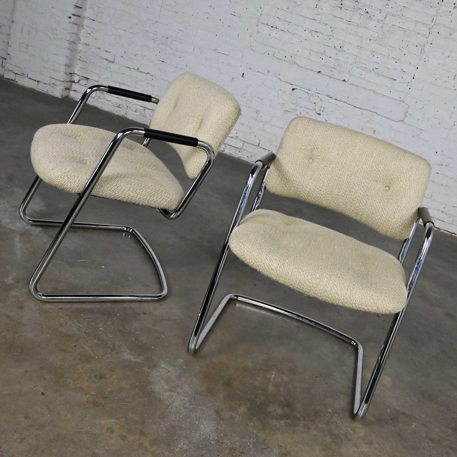 Vintage Modern Chrome Cantilever Chairs Oatmeal Hopsacking by Steelcase Model 421 482 a Pair