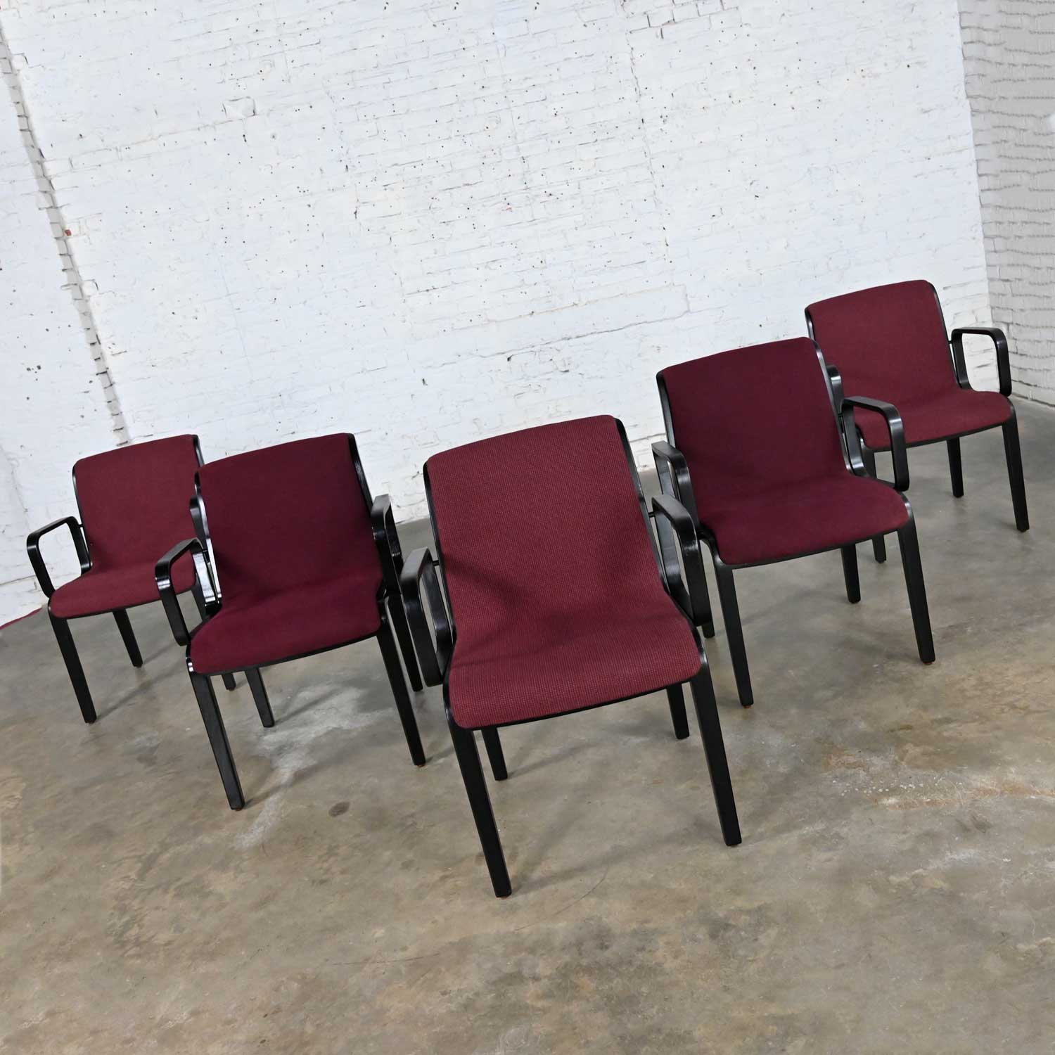 Vintage MCM Bentwood 1300 Series Dining Chairs Maroon Fabric & Black Frames by Bill Stephens for Knoll Set of 5