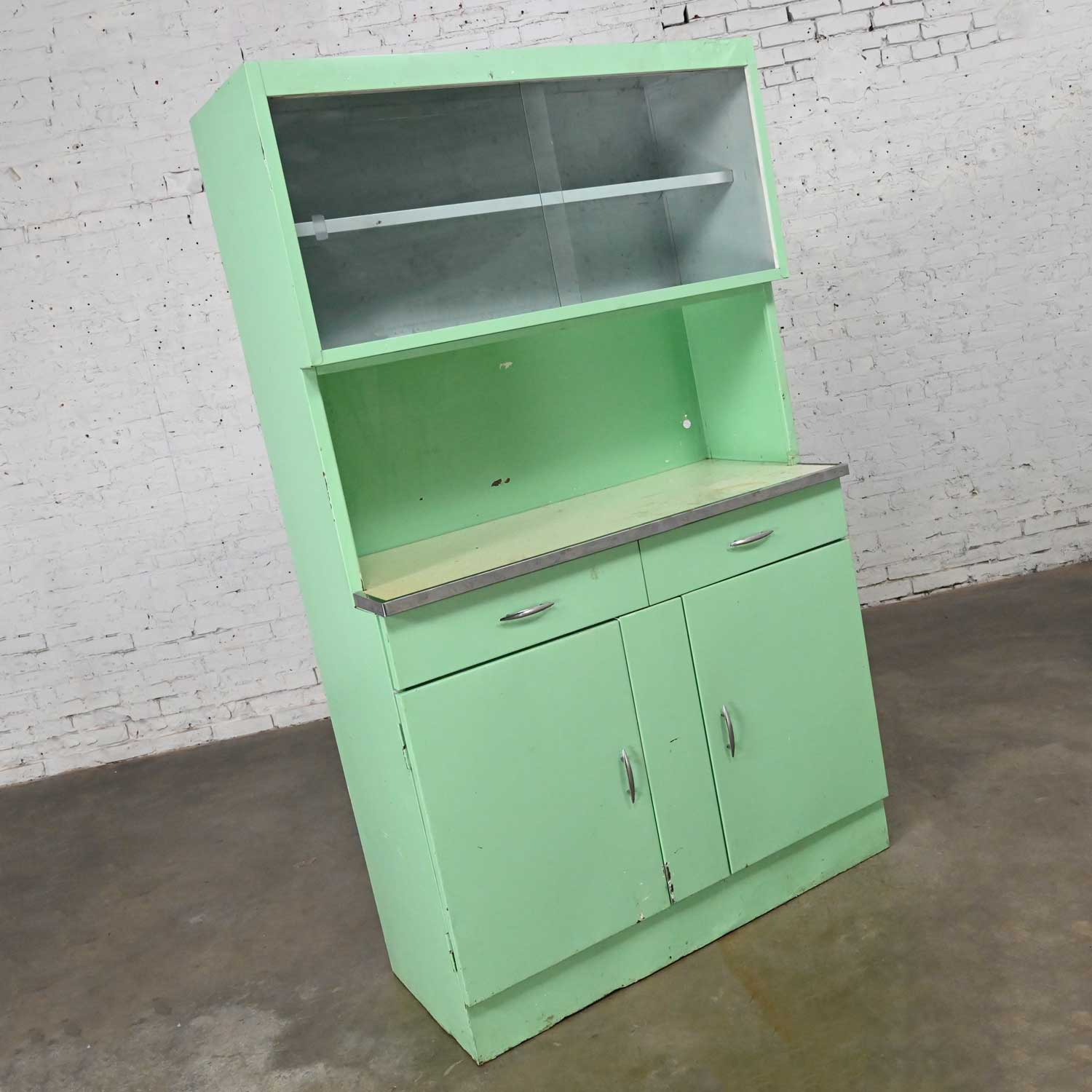 Vintage Industrial Turquoise Metal Cupboard or Cabinet with Upper Glass Doors