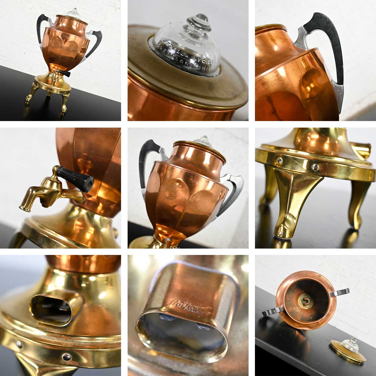 Vintage Art Deco Brass & Copper Coffee Urns Bakelite Handles Set of 4