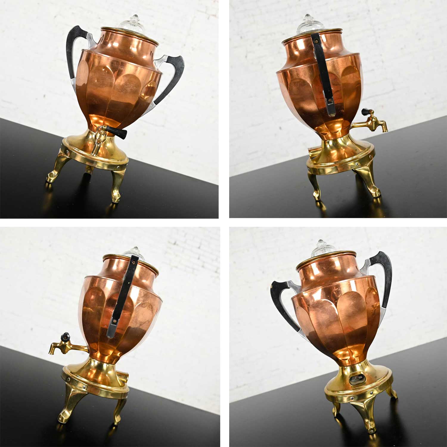 Vintage Art Deco Brass & Copper Coffee Urns Bakelite Handles Set of 4