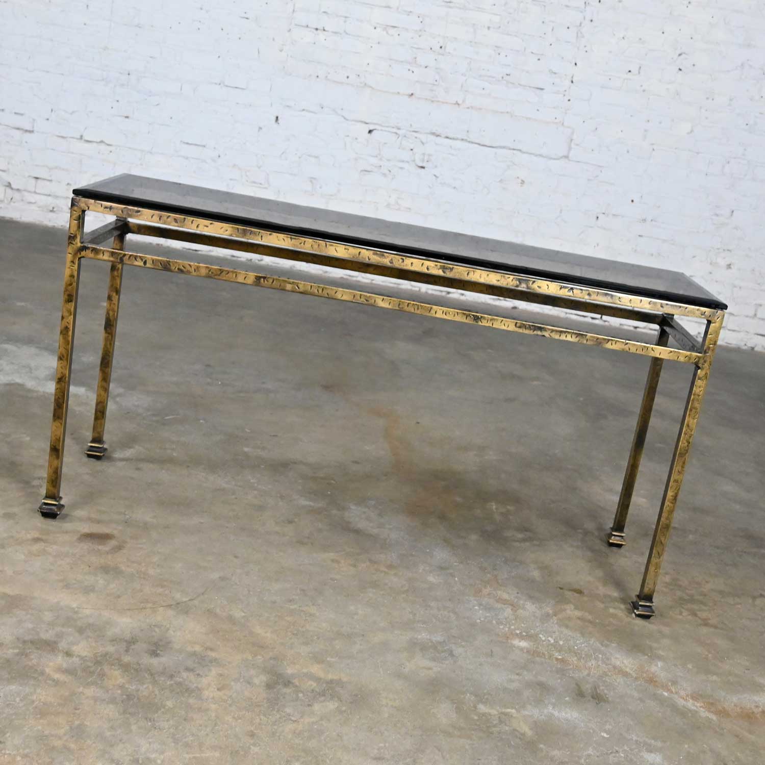 Modern Iron Console Sofa Table with Gold Hammered Look & Smoked & Beveled Glass Top