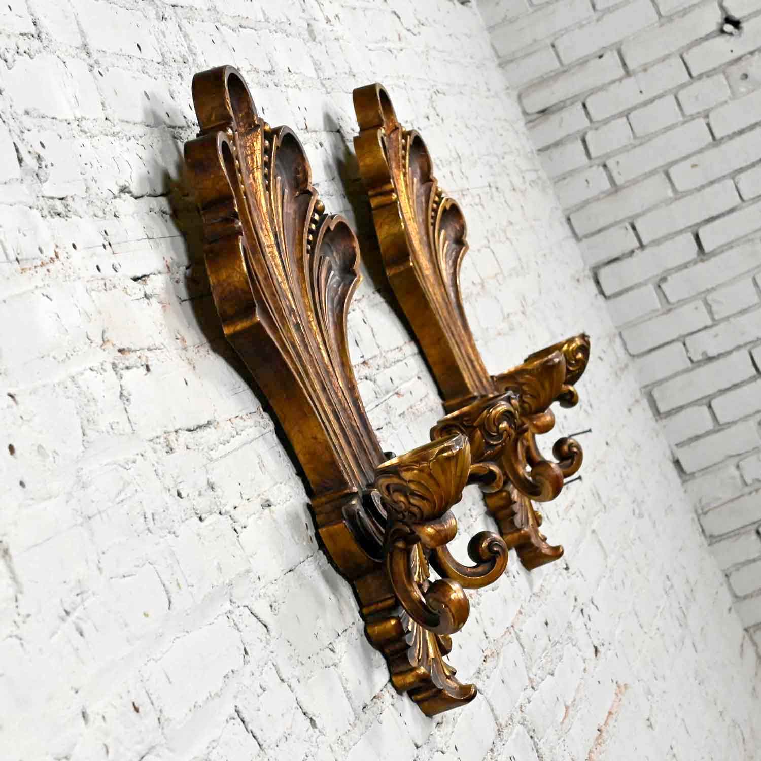Vintage Gilded Syroco Hollywood Regency Double Candle Wall Sconces a Pair