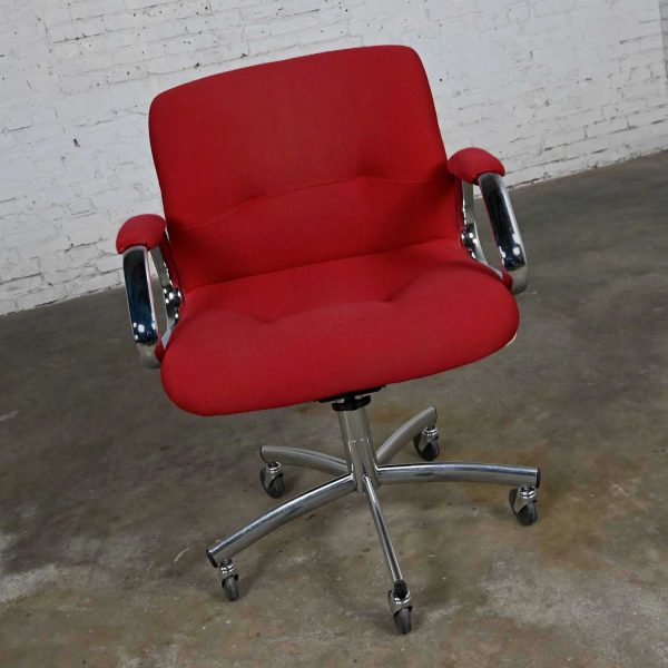 Vintage Modern Steelcase Chrome & Red Swivel Rolling Chair #454 Style Charles Pollock