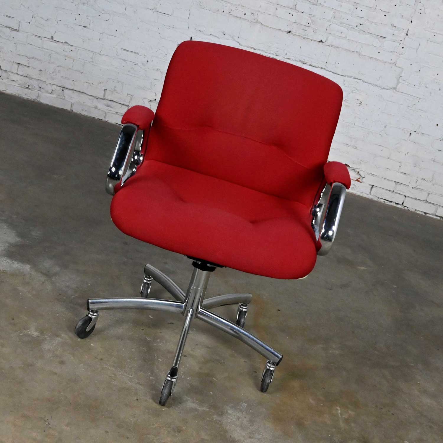 Vintage Modern Steelcase Chrome & Red Swivel Rolling Chair #454 Style Charles Pollock