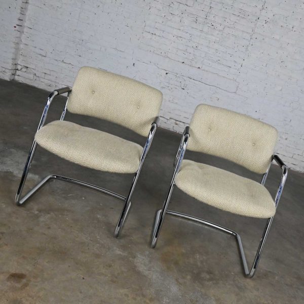 Vintage Modern Chrome Cantilever Chairs Oatmeal Hopsacking by Steelcase Model 421 482 a Pair