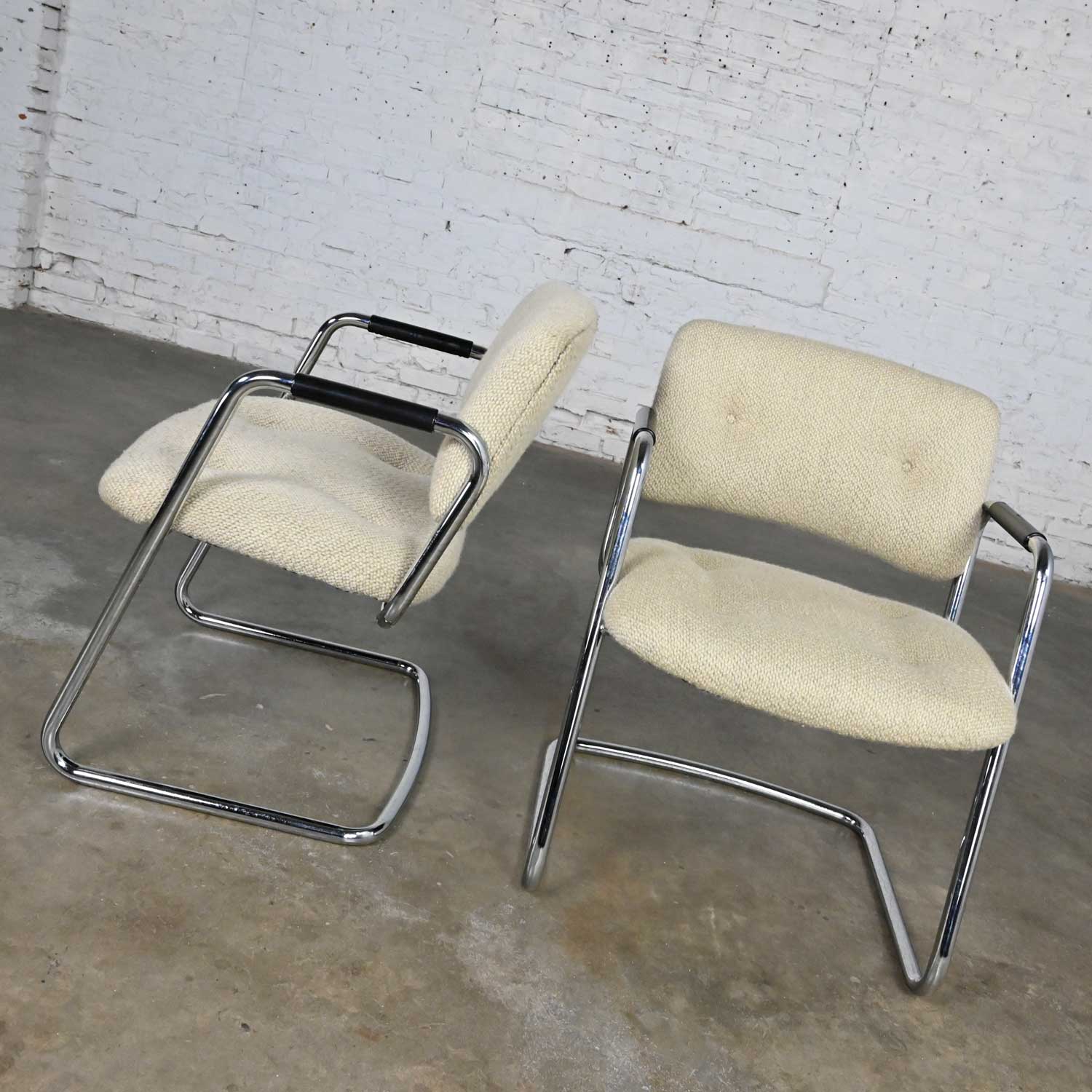 Vintage Modern Chrome Cantilever Chairs Oatmeal Hopsacking by Steelcase Model 421 482 a Pair