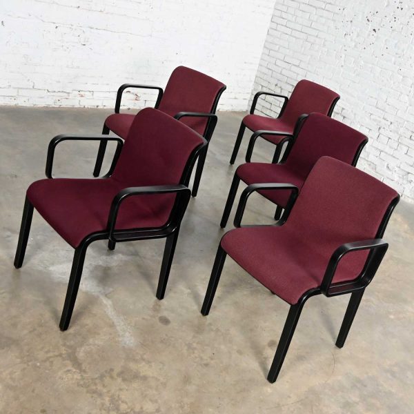 Vintage MCM Bentwood 1300 Series Dining Chairs Maroon Fabric & Black Frames by Bill Stephens for Knoll Set of 5