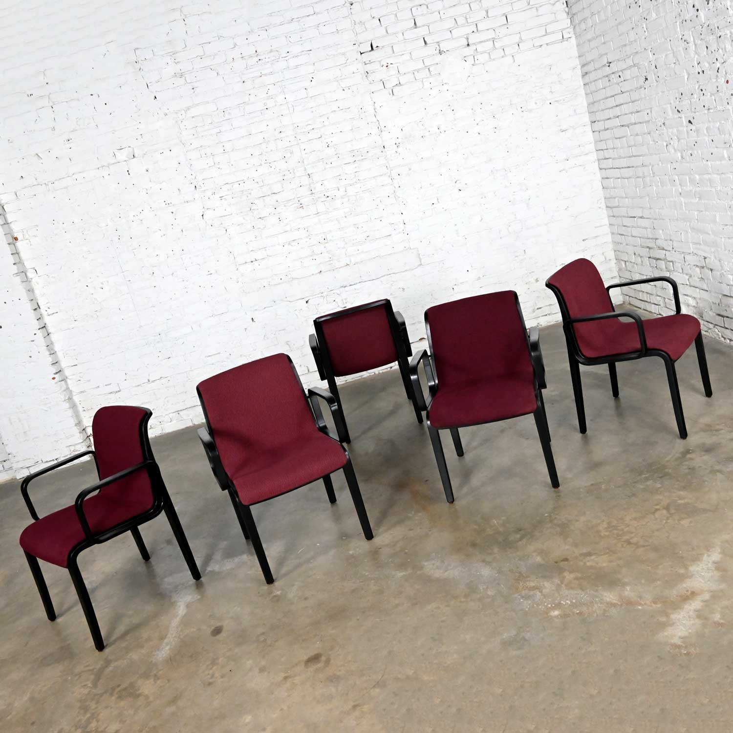 Vintage MCM Bentwood 1300 Series Dining Chairs Maroon Fabric & Black Frames by Bill Stephens for Knoll Set of 5