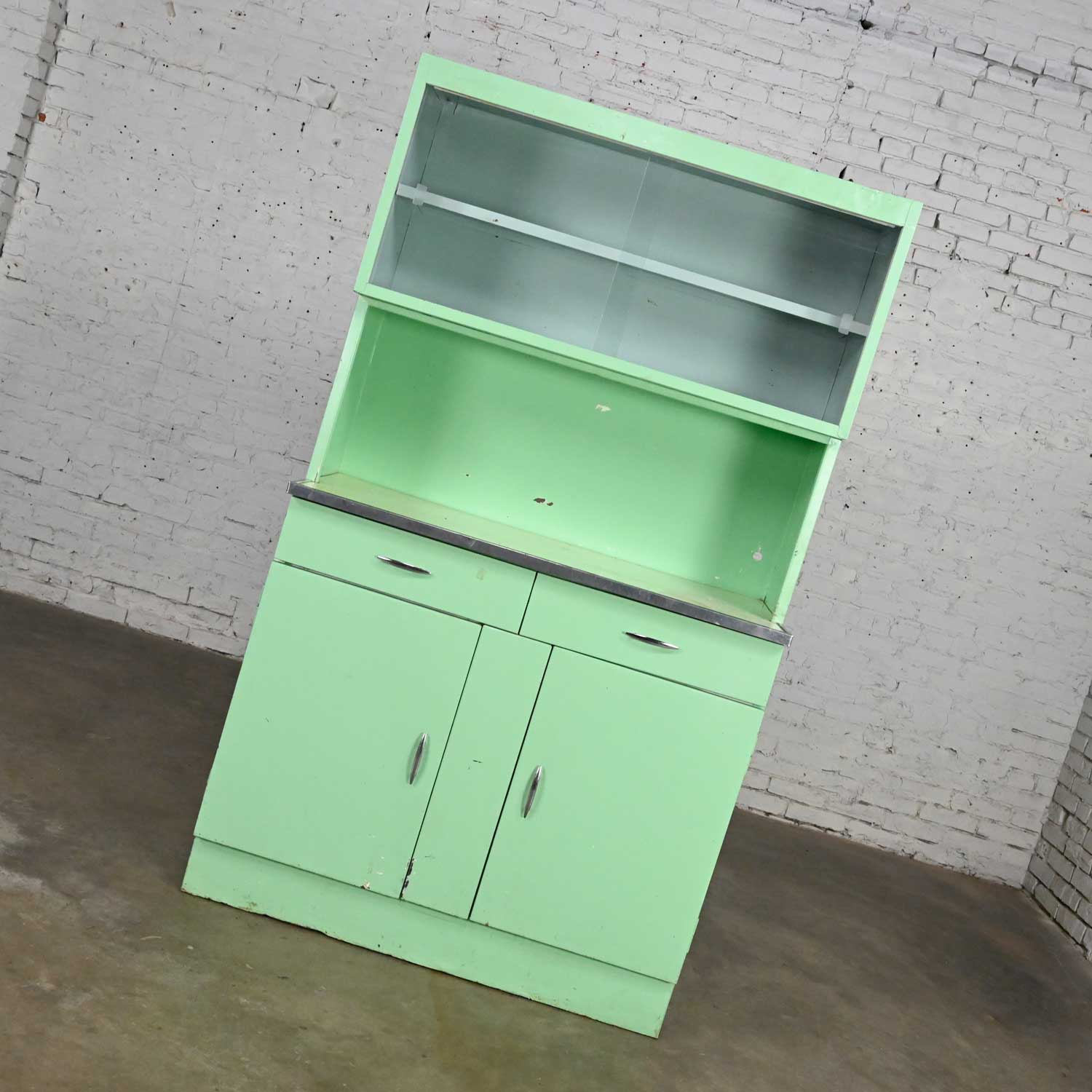 Vintage Industrial Turquoise Metal Cupboard or Cabinet with Upper Glass Doors