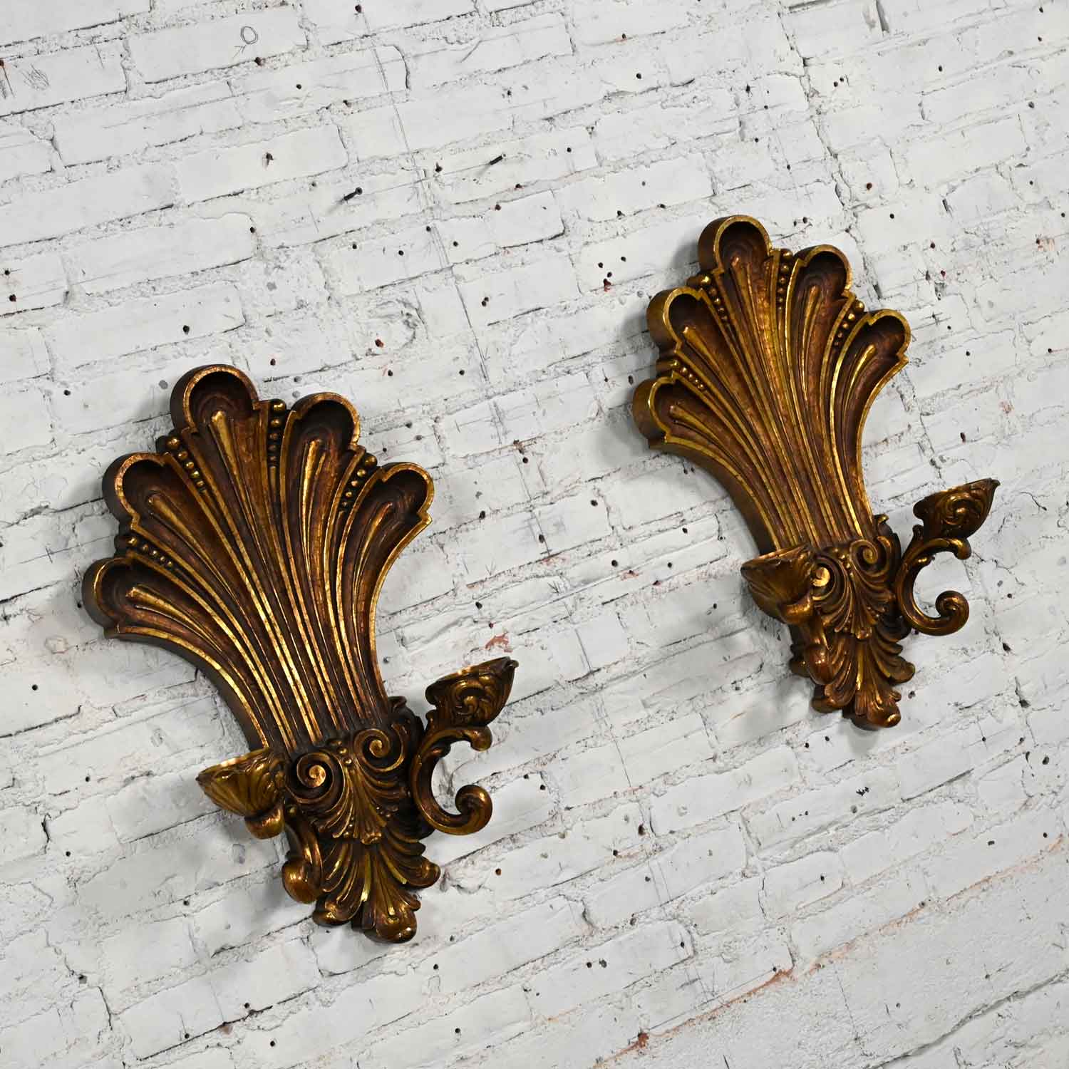 Vintage Gilded Syroco Hollywood Regency Double Candle Wall Sconces a Pair