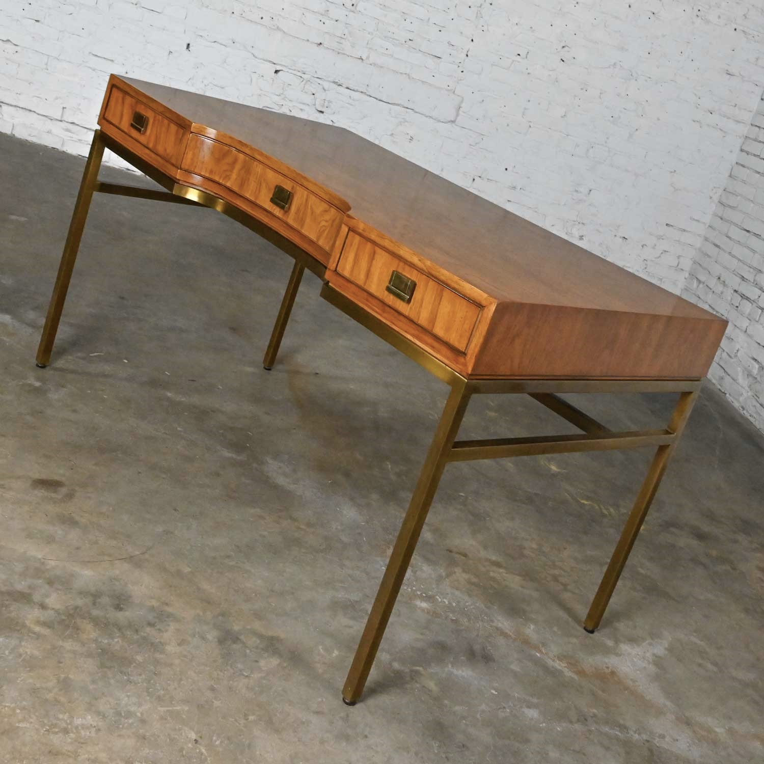 Vintage Consensus Collection by Drexel MCM Writing Desk in Ash on Brass Plated Metal Frame