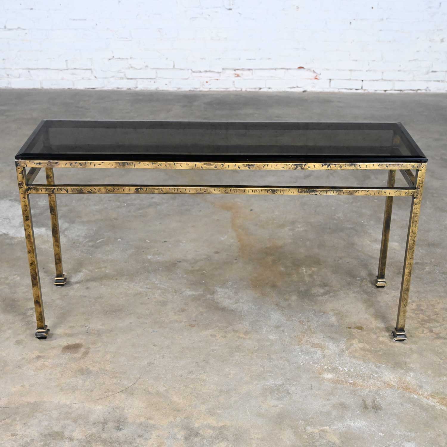 Modern Iron Console Sofa Table with Gold Hammered Look & Smoked & Beveled Glass Top