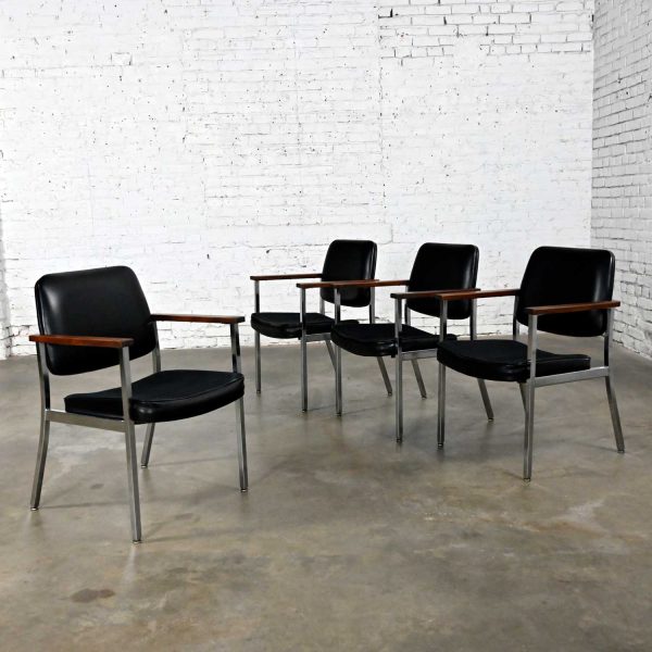 Mid Century Industrial Chrome & Black Vinyl Wood Arm Dining Office Chairs by Superior Chaircraft Set of 4