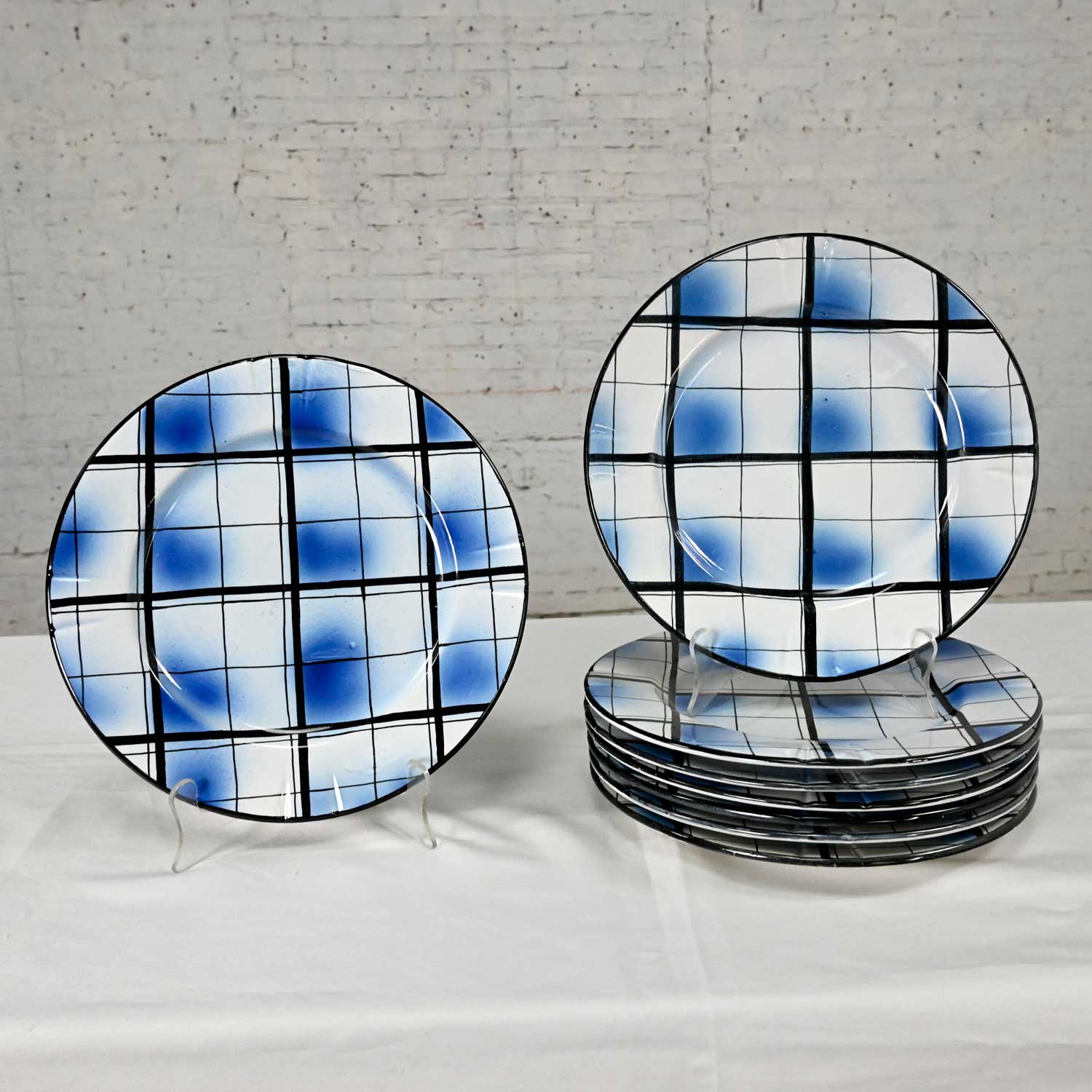 Vintage Erphila Edinburgh Made in Italy Blue Plaid Pottery Dinner Plates Set of 8