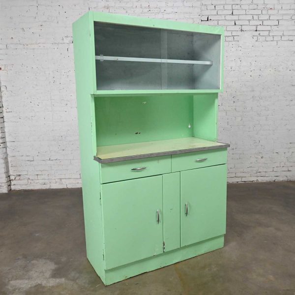 Vintage Industrial Turquoise Metal Cupboard or Cabinet with Upper Glass Doors