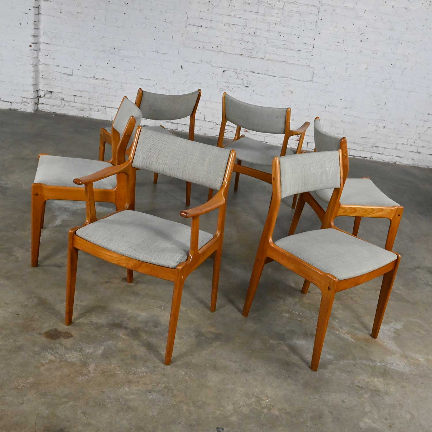 Vintage Scandinavian Modern Teak & Gray Fabric Dining Chairs 2 Arm 4 Side Set of 6