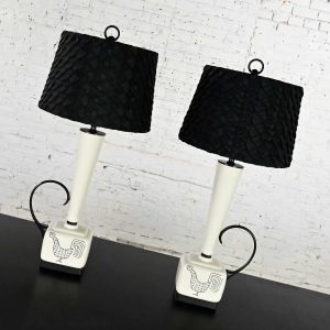 Mid Century Modern Black and White Ceramic Lamps w/ Rooster Design, a Pair