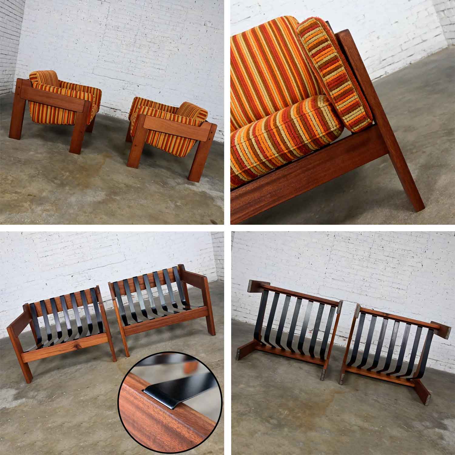 Vintage MCM to Modern Teak Orange Striped Club Chairs Style of Tobia Scarpa or Lou Hodges