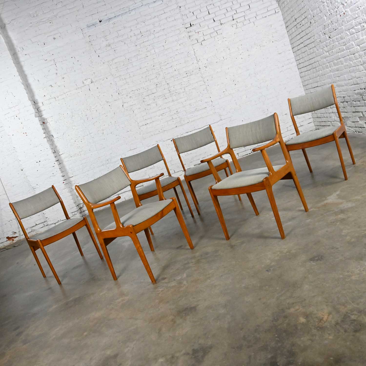 Vintage Scandinavian Modern Teak & Gray Fabric Dining Chairs 2 Arm 4 Side Set of 6
