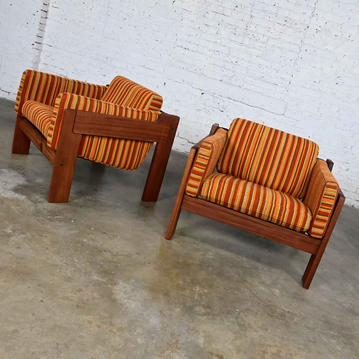 Vintage MCM to Modern Teak Orange Striped Club Chairs Style of Tobia Scarpa or Lou Hodges