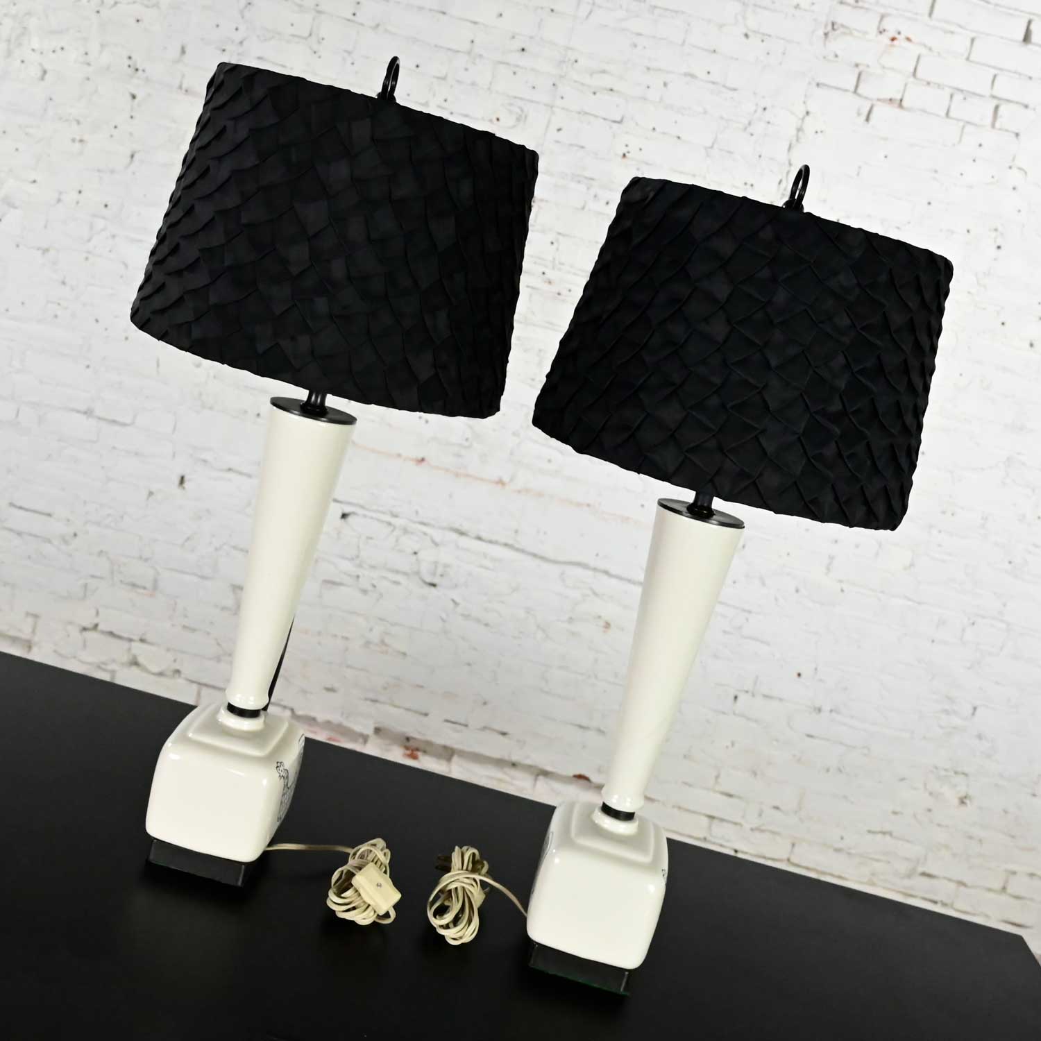 Mid Century Modern Black and White Ceramic Lamps w/ Rooster Design, a Pair