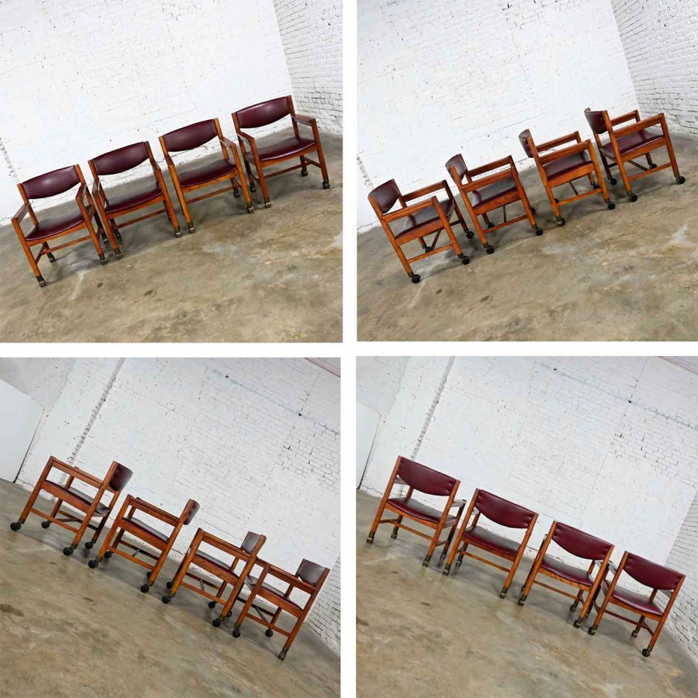 Mid-Century Modern to Modern Oak Maroon Vinyl Rolling Game or Dining Chairs