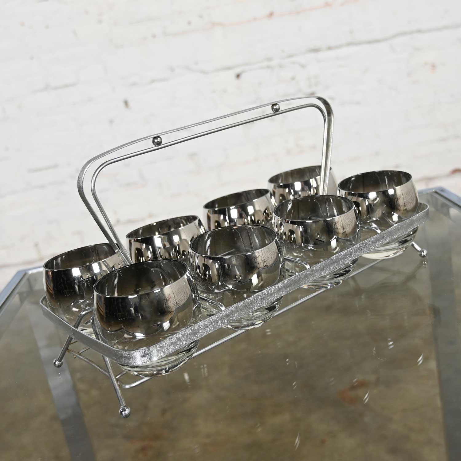 Vintage MCM Silver Fade Roly Poly Cocktail Glasses Set of 8 with Chrome Carrier Style of Dorothy Thorpe